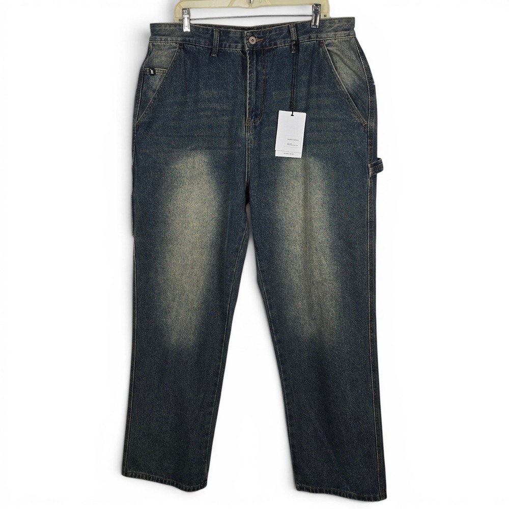 Broken Threads Mens Baggy Carpenter Jeans Blue Faded Wide Leg Size 36 NEW